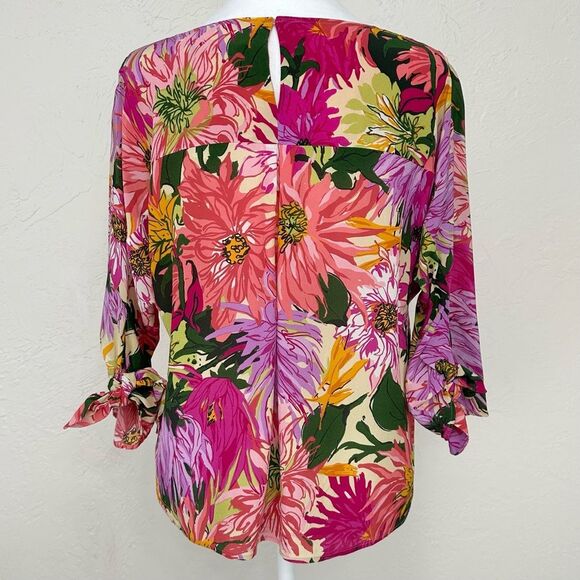 Weekend Max Mara Vorra Silk Top in Fuxia Pink Floral Print w/ Tie Sleeves Size 6 - Picture 5 of 12